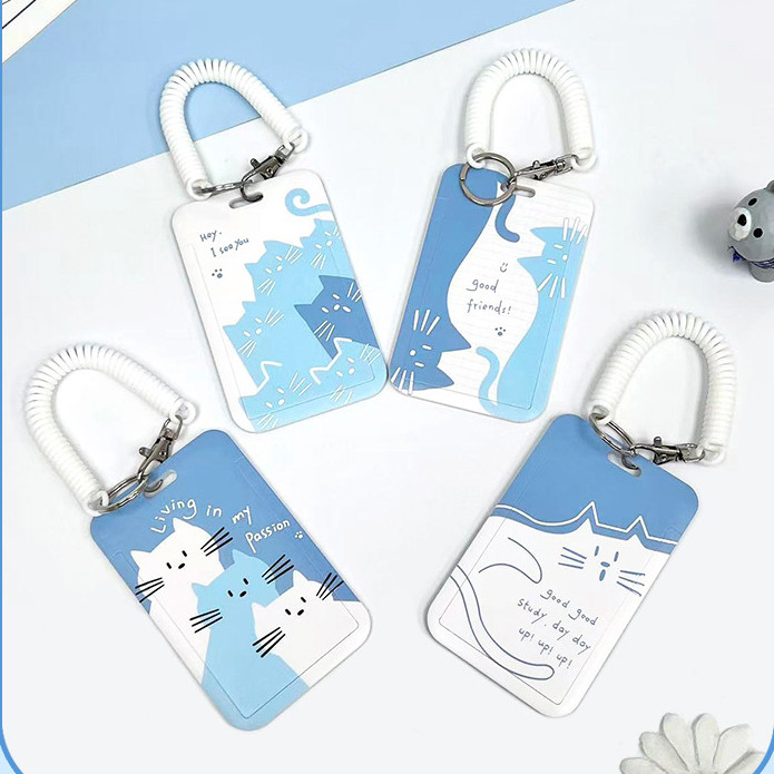 Hộp đựng thẻ in nổi hình mèo con màu xanh trắng & cổ tay mùa xuân Hộp đựng thẻ trường học cứng đơn g