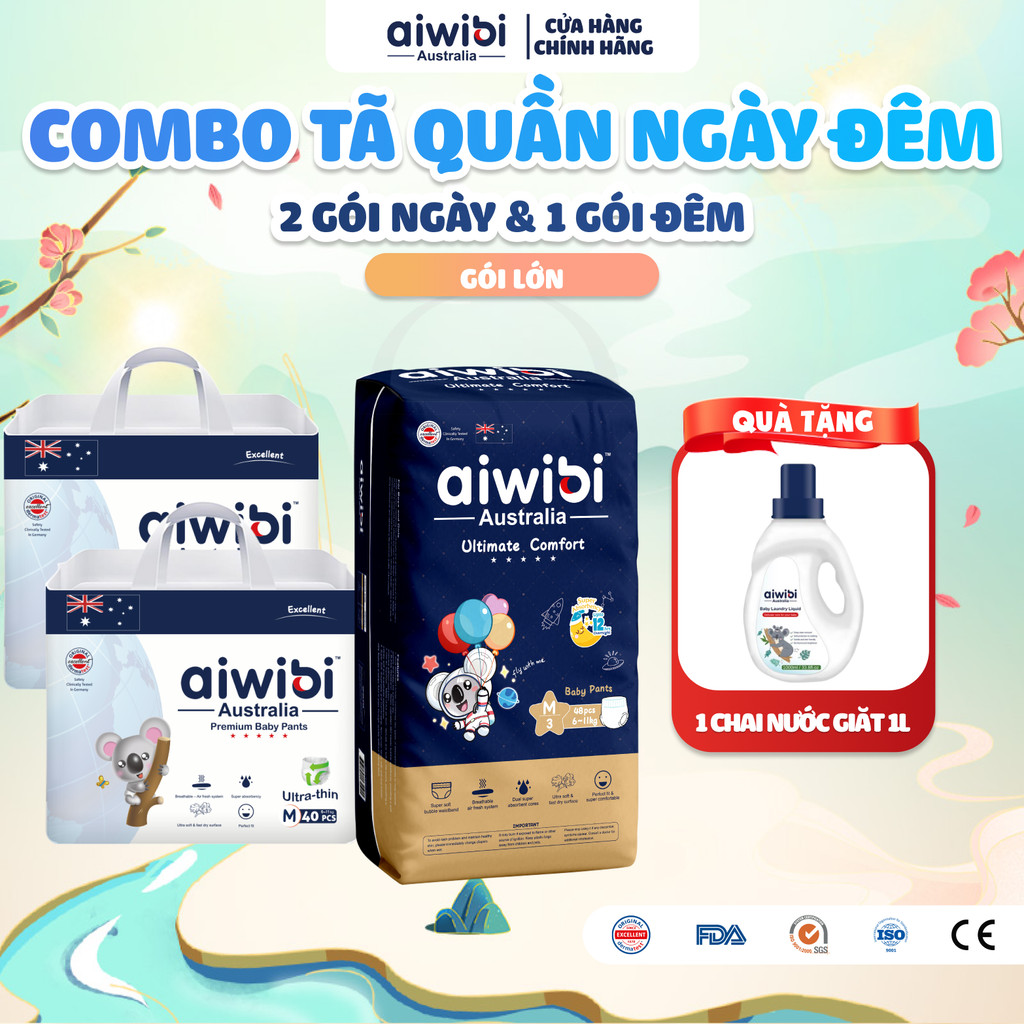 [Combo Ngày & Đêm] Tã/Bỉm Quần Cao Cấp Aiwibi Cho Bé Siêu Thấm Hút - 2 Gói Ngày Lớn + 1 Gói Đêm Lớn