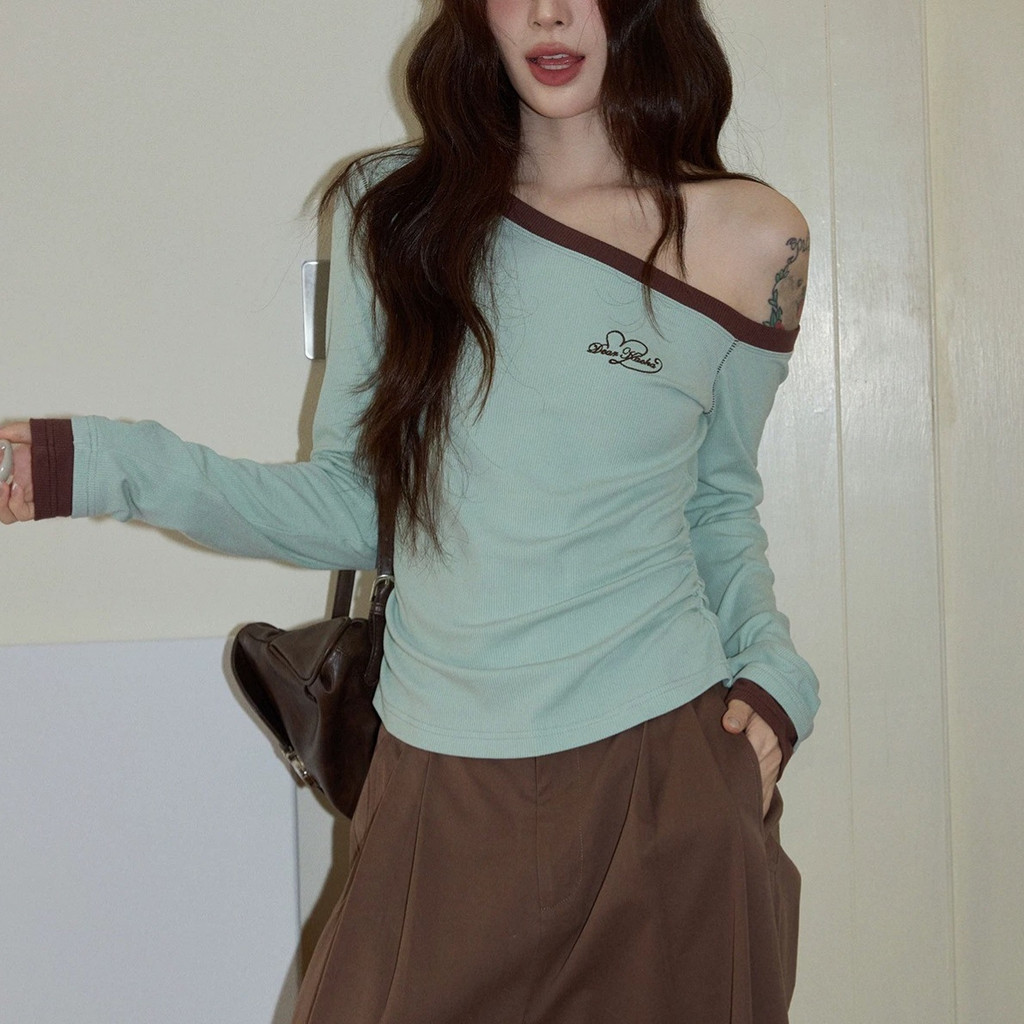Green off-shoulder T Women's T-shirt2025Autumn casual slim-fit long-sleeve off-shoulder top