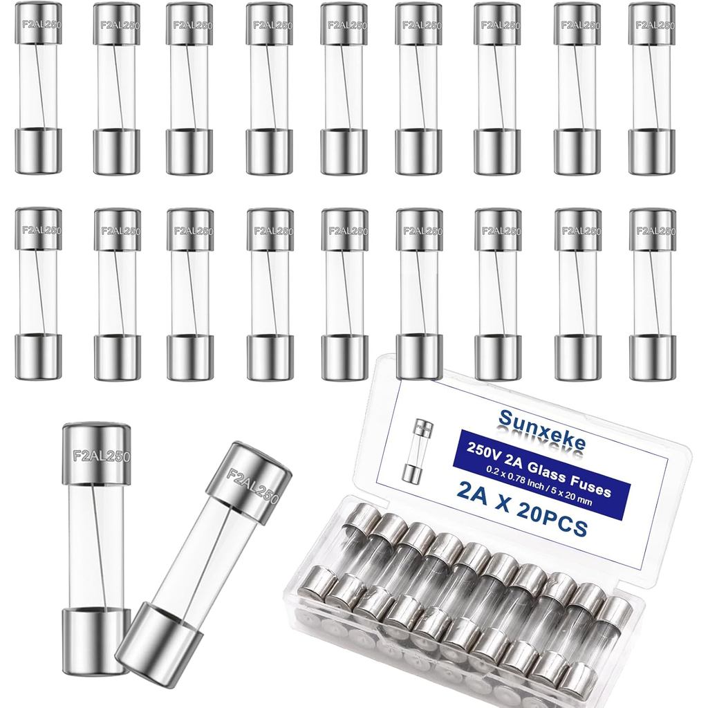 20 CHIẾC F2AL250V 5 x 20mm Cầu chì thủy tinh thổi nhanh 2A 2Amp 250V Cầu chì thủy tinh, 0,2 x 0,78 I