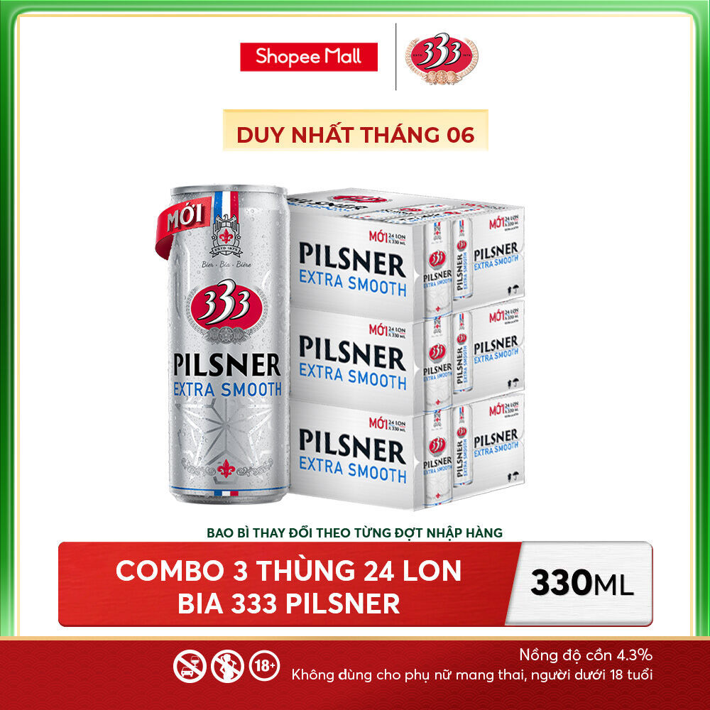 Nồng Độ Cồn 4.3% - Combo 3 Thùng 24 Lon Bia 333 Pilsner 330ml
