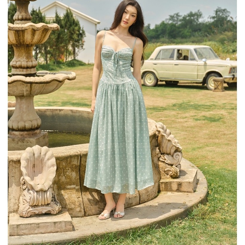 𝗖𝗹𝗼𝘁𝗵𝗲𝘀 𝗕𝗮𝗿 - Camelia Dress (Minor Muse) | Đầm Midi Tơ Dáng Xòe Chấm Bi Cúp Ngực Thắt Nơ
