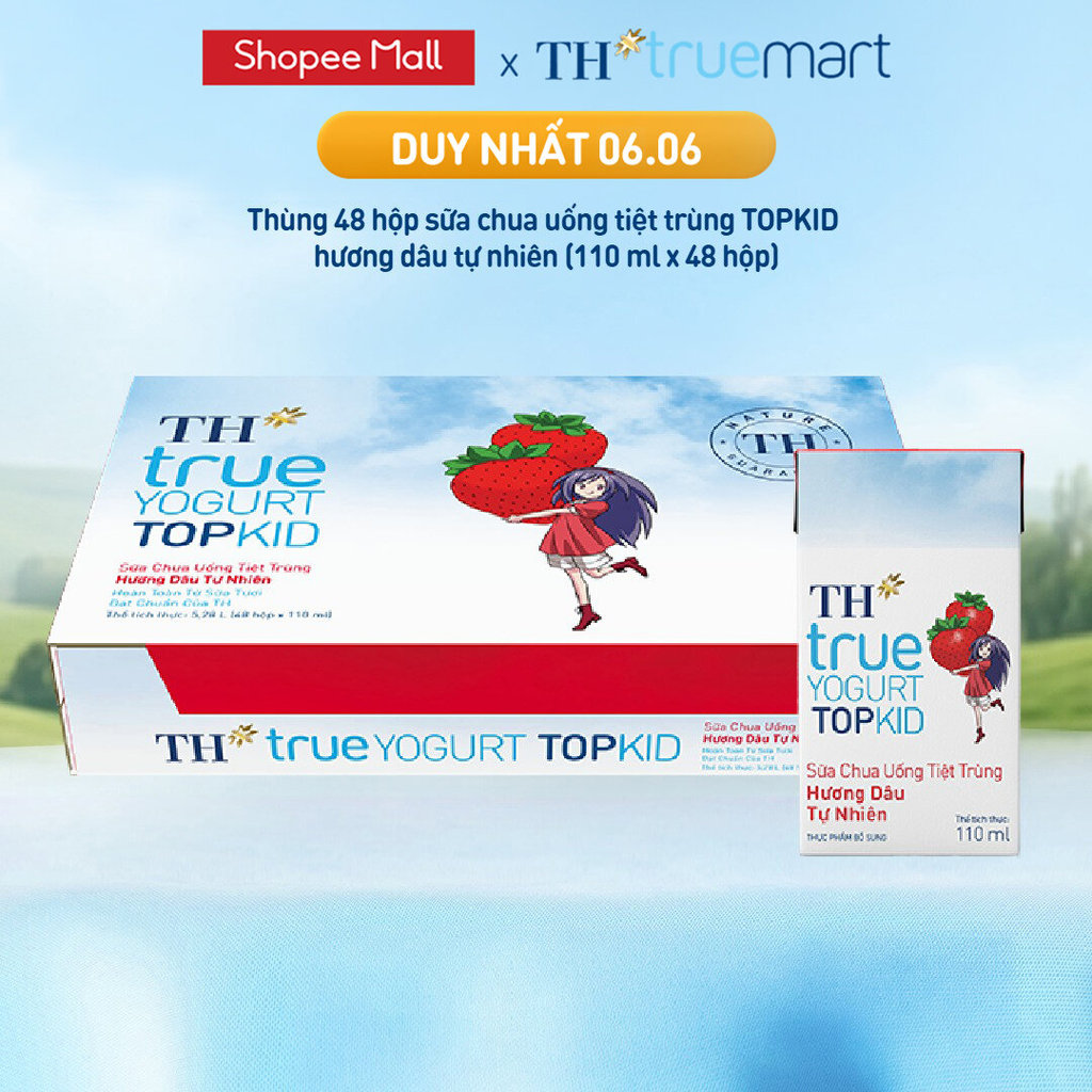 [Livestream] Thùng Sữa Chua Uống Tiệt Trùng TH true YOGURT TOPKID milk Hương Dâu 110ml (48 Hộp)