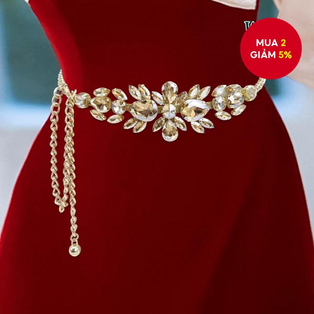 Dây nịt nữ đính đá mới, dây chuyền xích sang trọng, dây nịt vàng thời trang, phụ kiện đầm dạ hội
