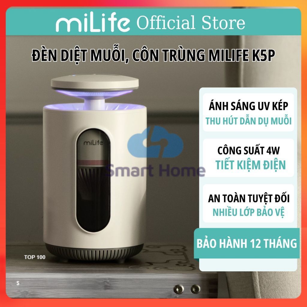 Máy bắt muỗi thông minh miLife K5P, đèn LED sáng tím, không ồn, không mùi