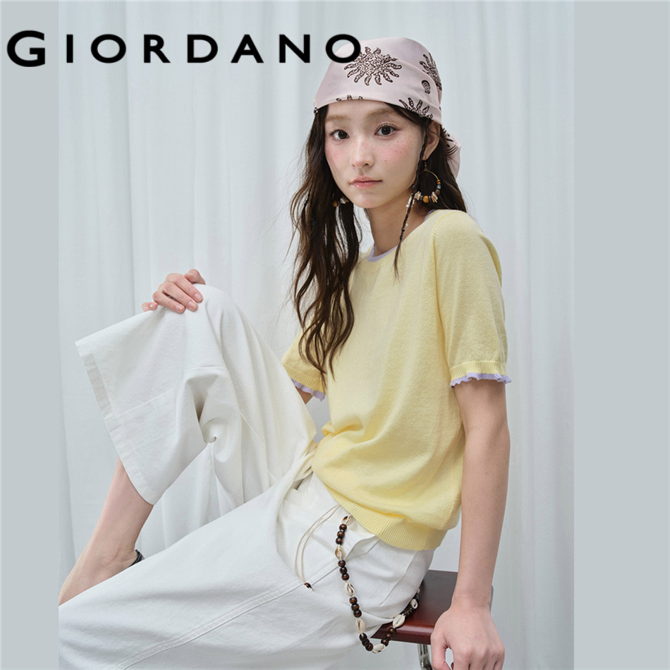 GIORDANO WOMEN Tipping lettuce trim short sleeve knitwear 18356909