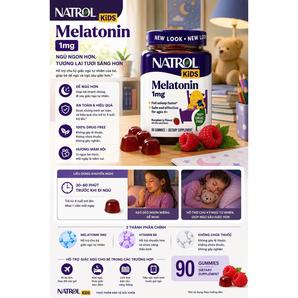 Natrol Kids Melatonin 1mg Dạng Kẹo Dẻo Cho Bé (Hũ 90 Viên)
