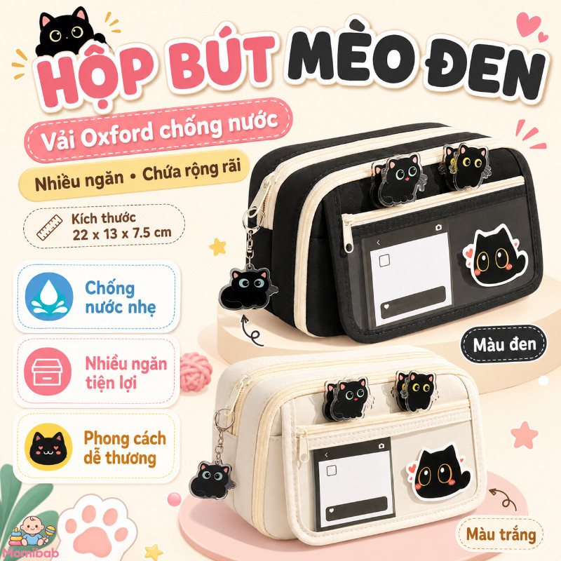 Hộp bút mèo đen – Vải Oxford chống nước, phong cách Ins – Nhiều ngăn, chứa rộng rãi – Ngăn trước tro