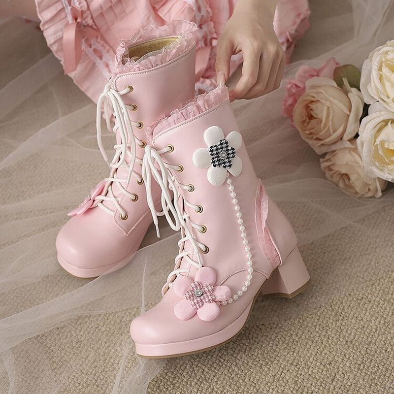 Lolita lo Giày bốt giữa ống lo Boots Trắng Thu Đông 2024 Phong Cách Mới