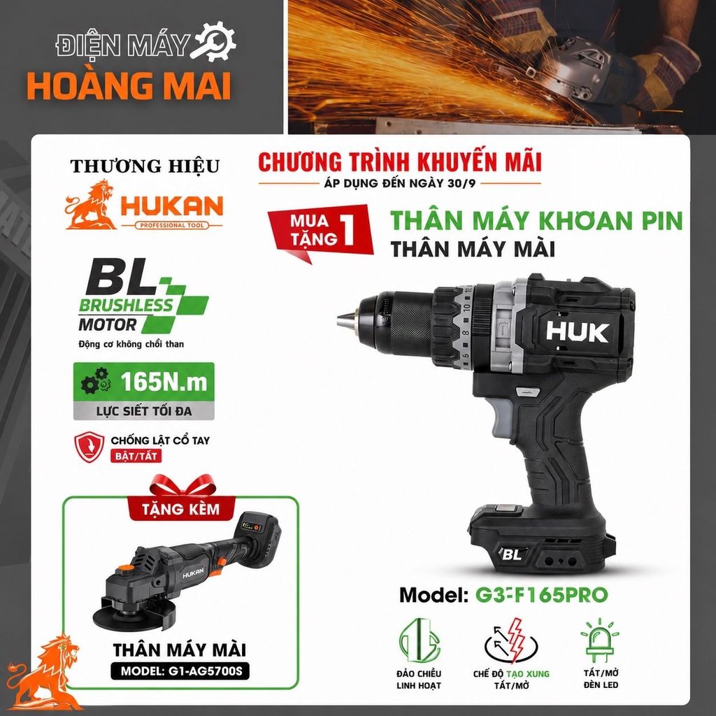 [TẶNG MÀI  AG5700S] Máy Khoan Pin HUKAN G3-F165PRO, Lực Siết 165N.m, Có ANTI KICKBACK - TẠO XUNG
