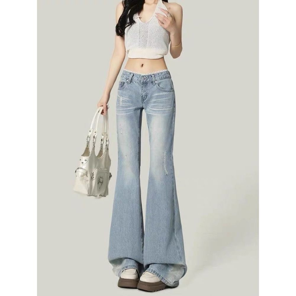 Retro Ren Viền Micro-Flared Jeans Nữ Co Giãn Rời Thẳng Cao Cấp Quần Micro-Flared