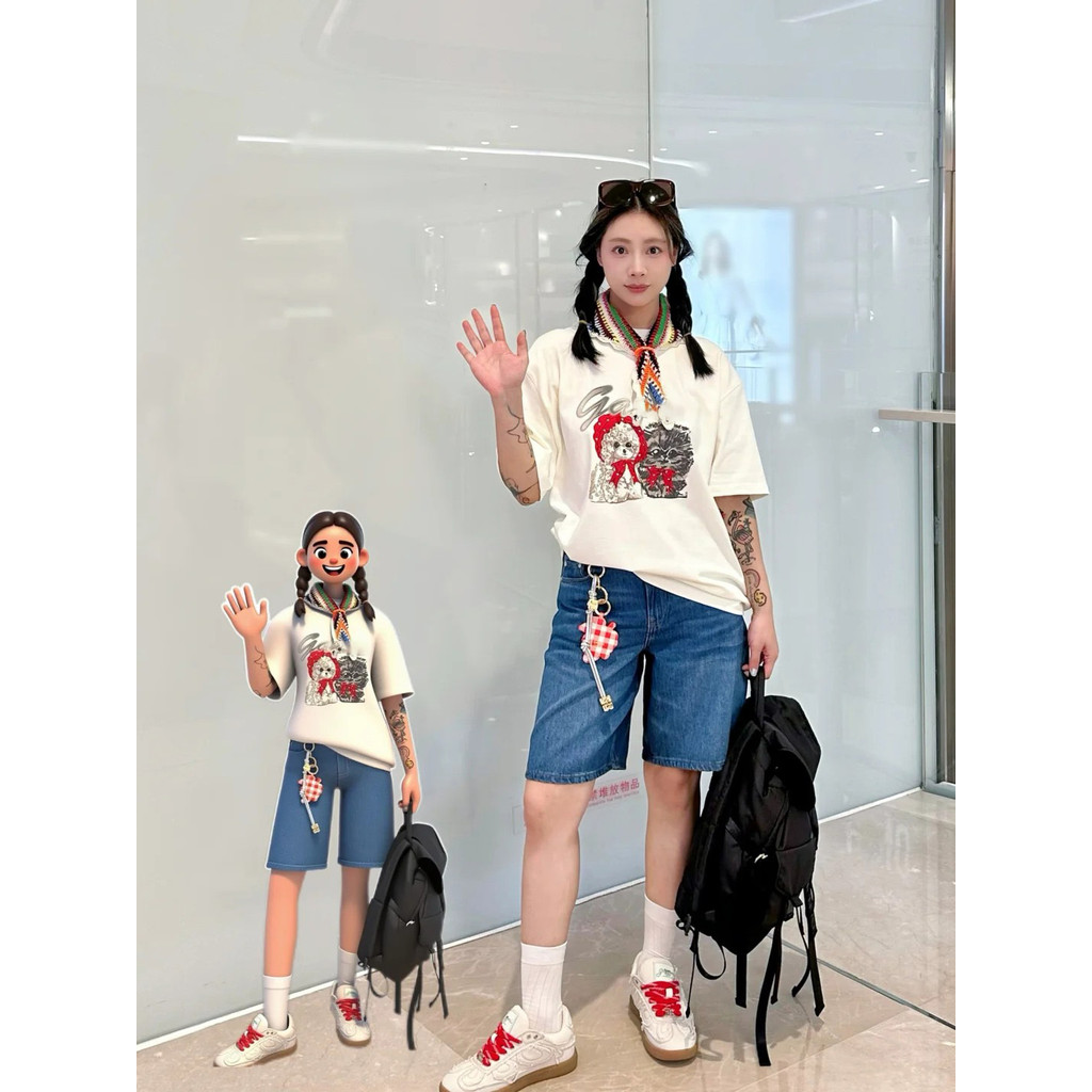 GAN* 2025 Early Autumn New Designer's Letter, Poodle and Cat Printed Round Neck Pure Cotton Loose Sh
