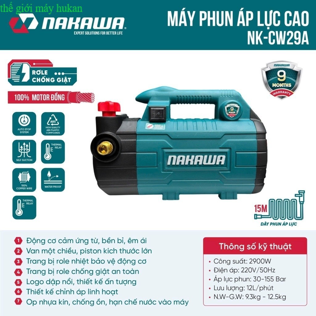 Máy Rửa Xe Áp Lực Cao NAKAWA ( NK-CW29A ) Công Suất 2900W- Có Công Tắc Chống Giật- THẾ GIỚI MÁY HUKA