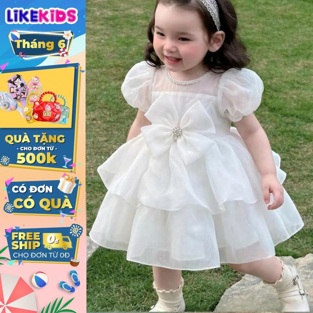 Đầm công chúa, váy bé gái dễ thương kiểu dáng voan nơ eo E88 - LikeKids
