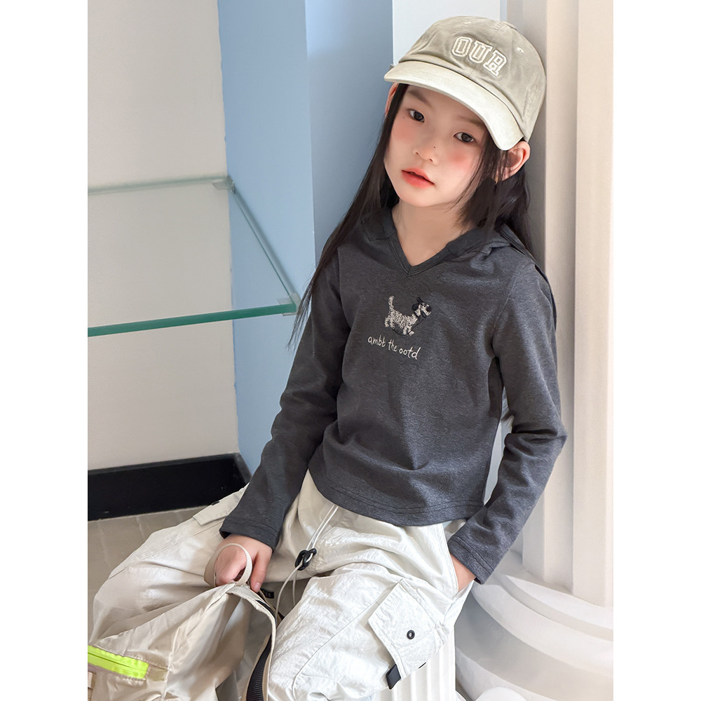 BEIFU BEIFU Bé Gái Xuân Thu Thêu Con Chó Con Hot Girl Áo Thun Trẻ Em Phiên Bản Hàn Quốc Slim-fit All
