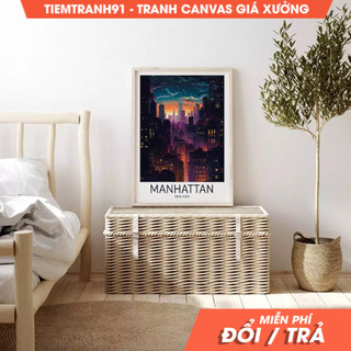 Tranh treo tường, Manhattan Dark Night New York Travel Poster, City Skyline, Home Decor, tặng kèm đinh treo.