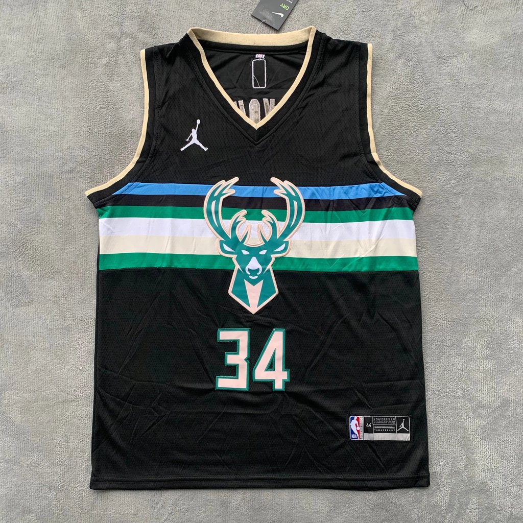 Áo thêu Bucks Antetokounmpo No. 34 Adeto Kumbo Đen Số Lưng Chữ Cái Bẩn Tâm Không Bắn Non @ -