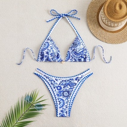 | beach bikini | big size bikini ♔Bộ đồ bơi Bikini hở lưng bằng sứ màu xanh trắng Bud Edge☂