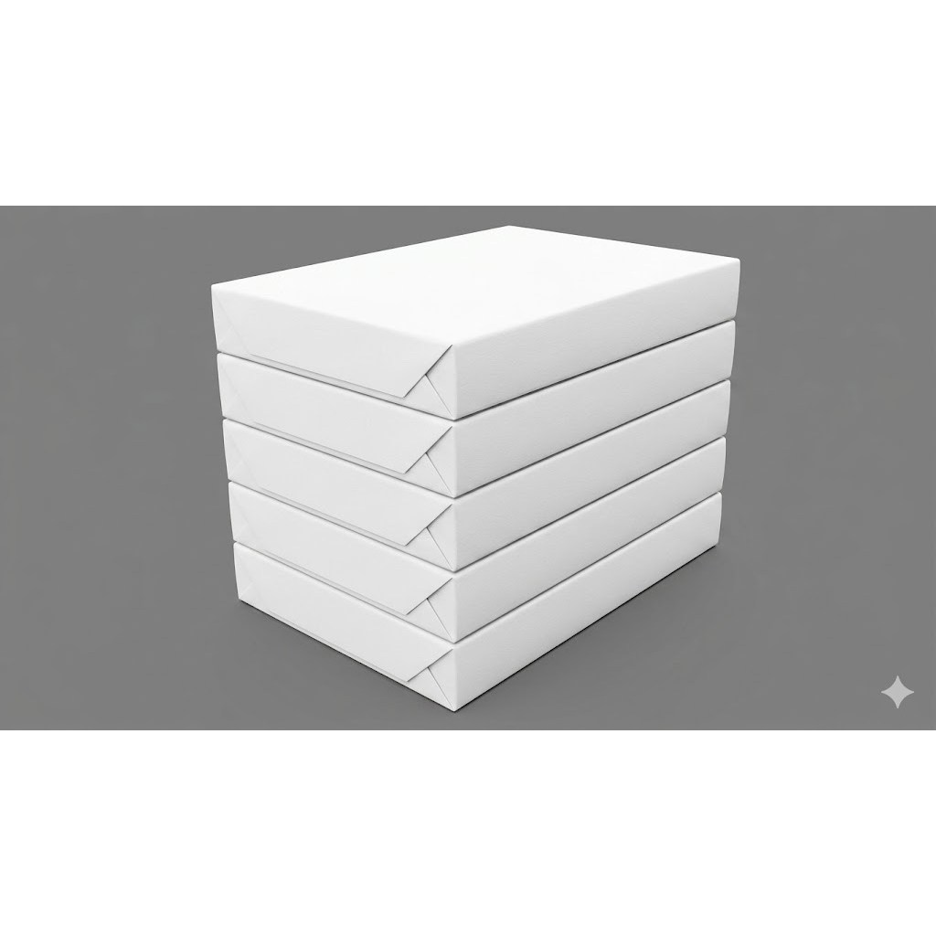 5 ram Giấy A4 60gsm (400 tờ/ ram). Giấy bao gói màu trắng. Định lượng 60gsm mỏng nhẹ