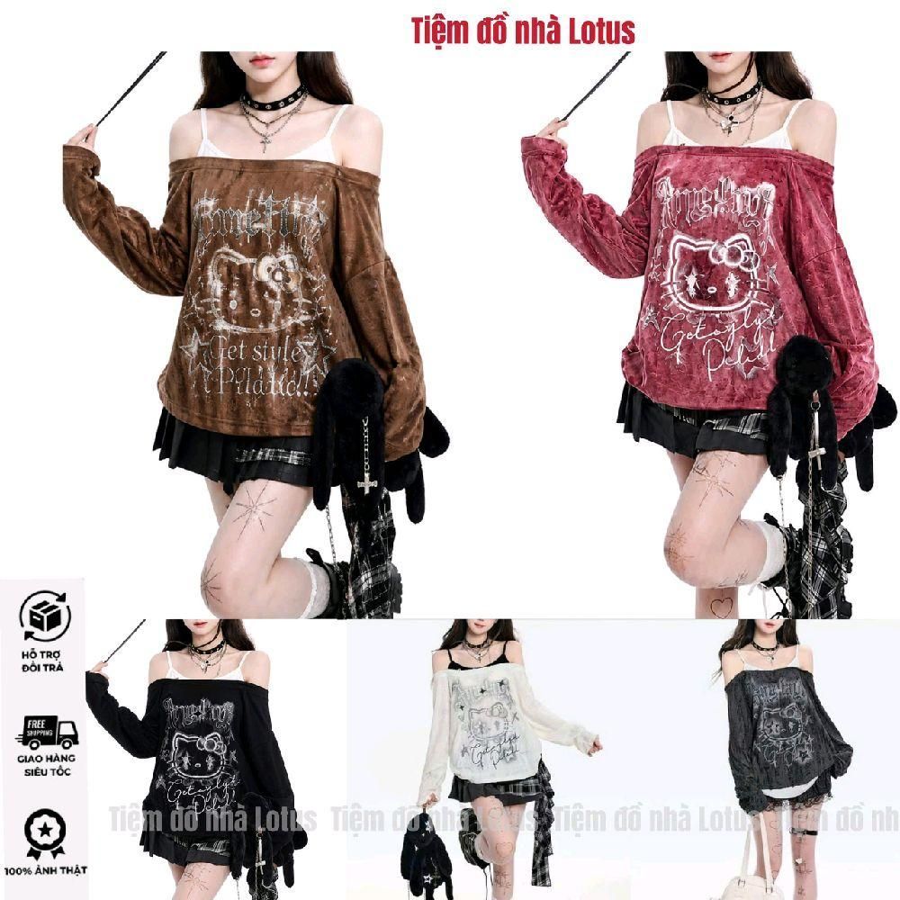 (VIDEO SP) Áo Bẹt Vai Nữ A156 - Tay Dài Phối Giả Yếm 2s Trong Họa Tiết Kitty Get Style (Tiệm đồ nhà 