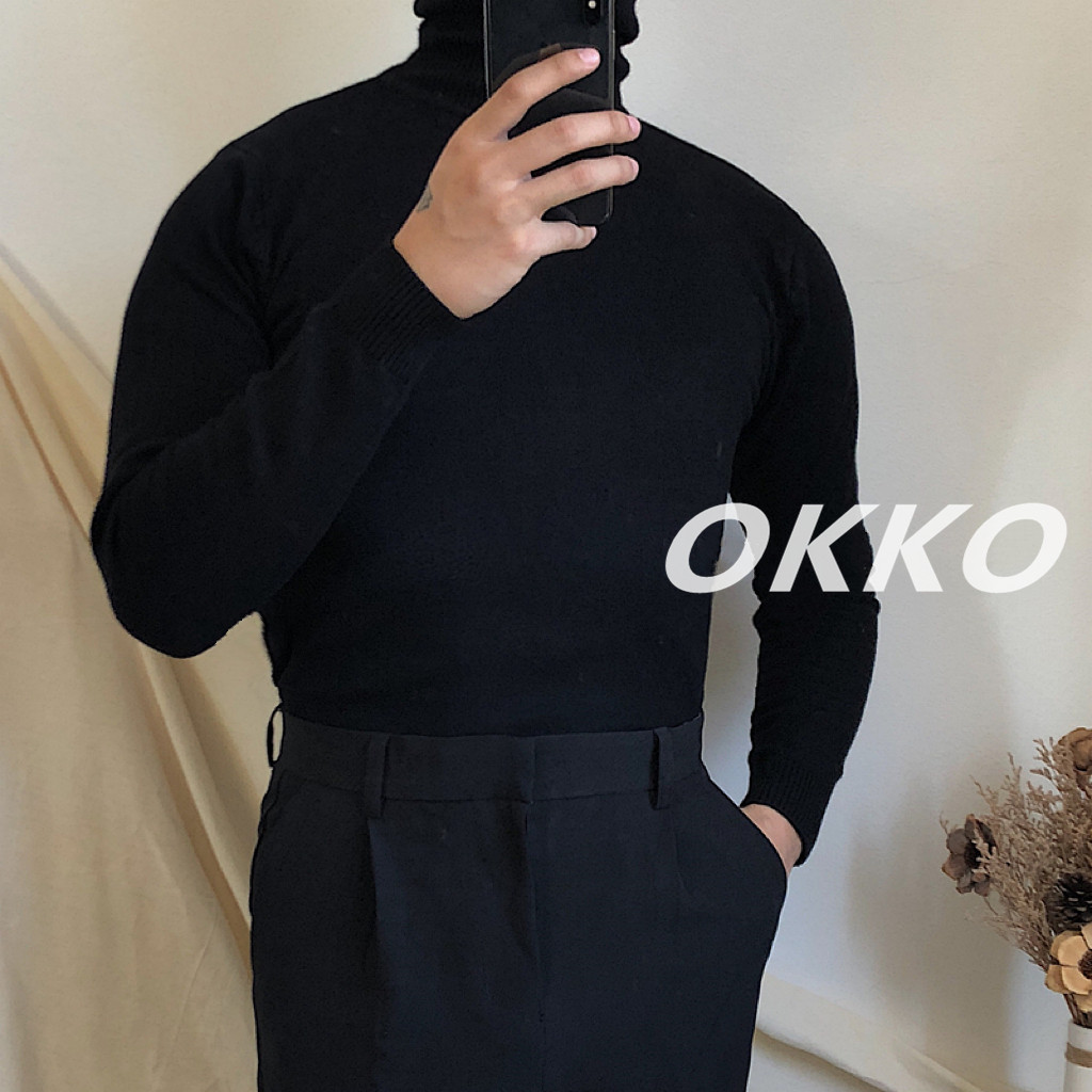 OKKO Hàng Hóa Nam Cao Cổ Áo Len Ấm Áp Mùa Đông Đen Đế Đan Bán Chạy Slim-fit Màu Trơn