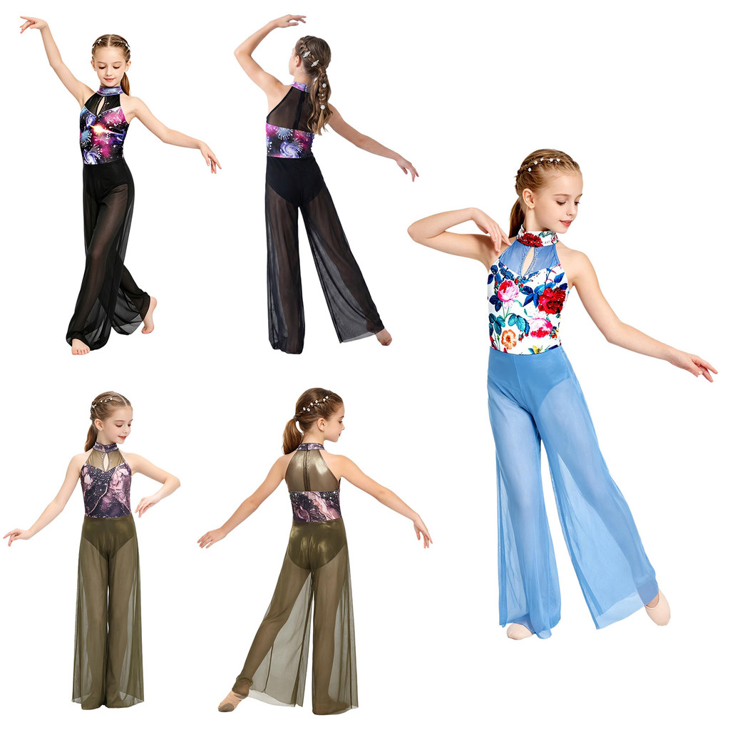 Kvysinly Girls Lyric Dance Lấp Lánh Kim Cương Giả Dây Không Tay Thiết Kế Chắp Vá Quần Dài Quần Áo Tí