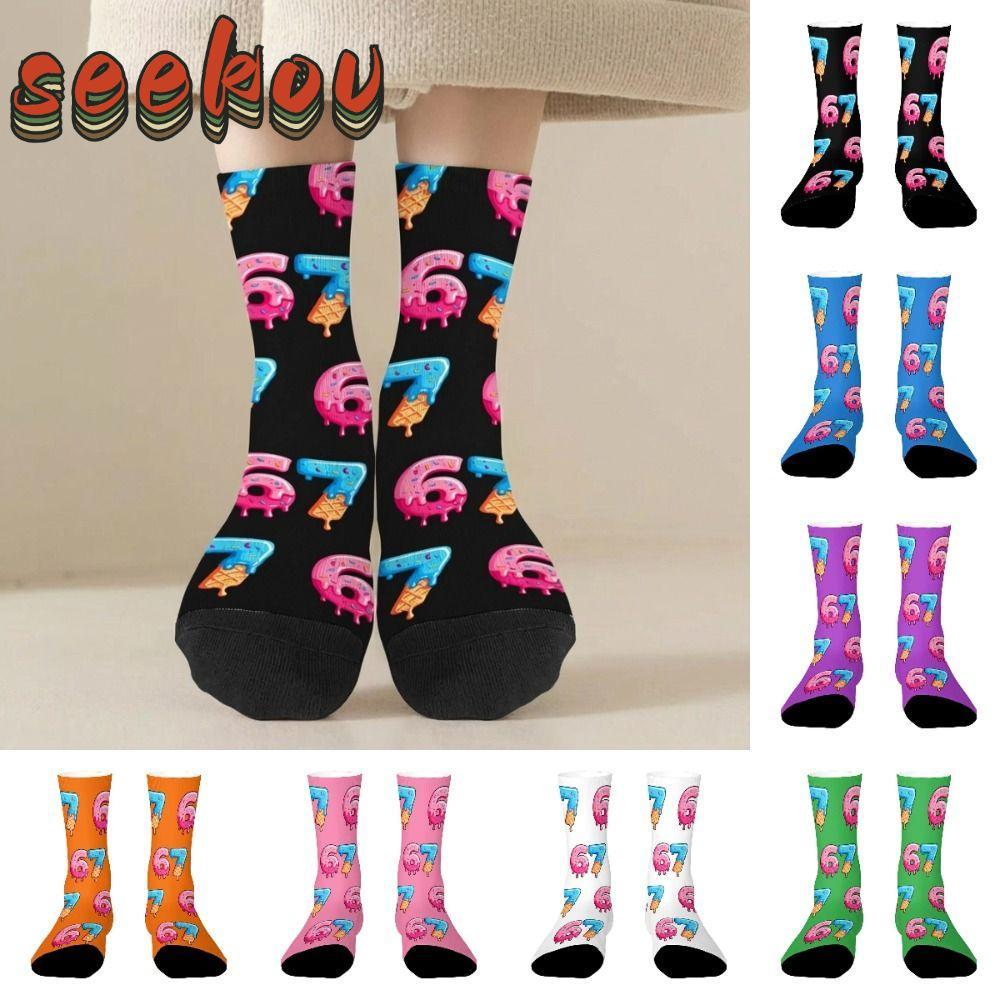 SEEKOV 67 Meme Crew Tất Dài, Hoạt Hình Ấm Áp 67 Meme Kem Tất, Ngộ nghĩnh Nhẹ Thoáng Khí Cotton Sáng 