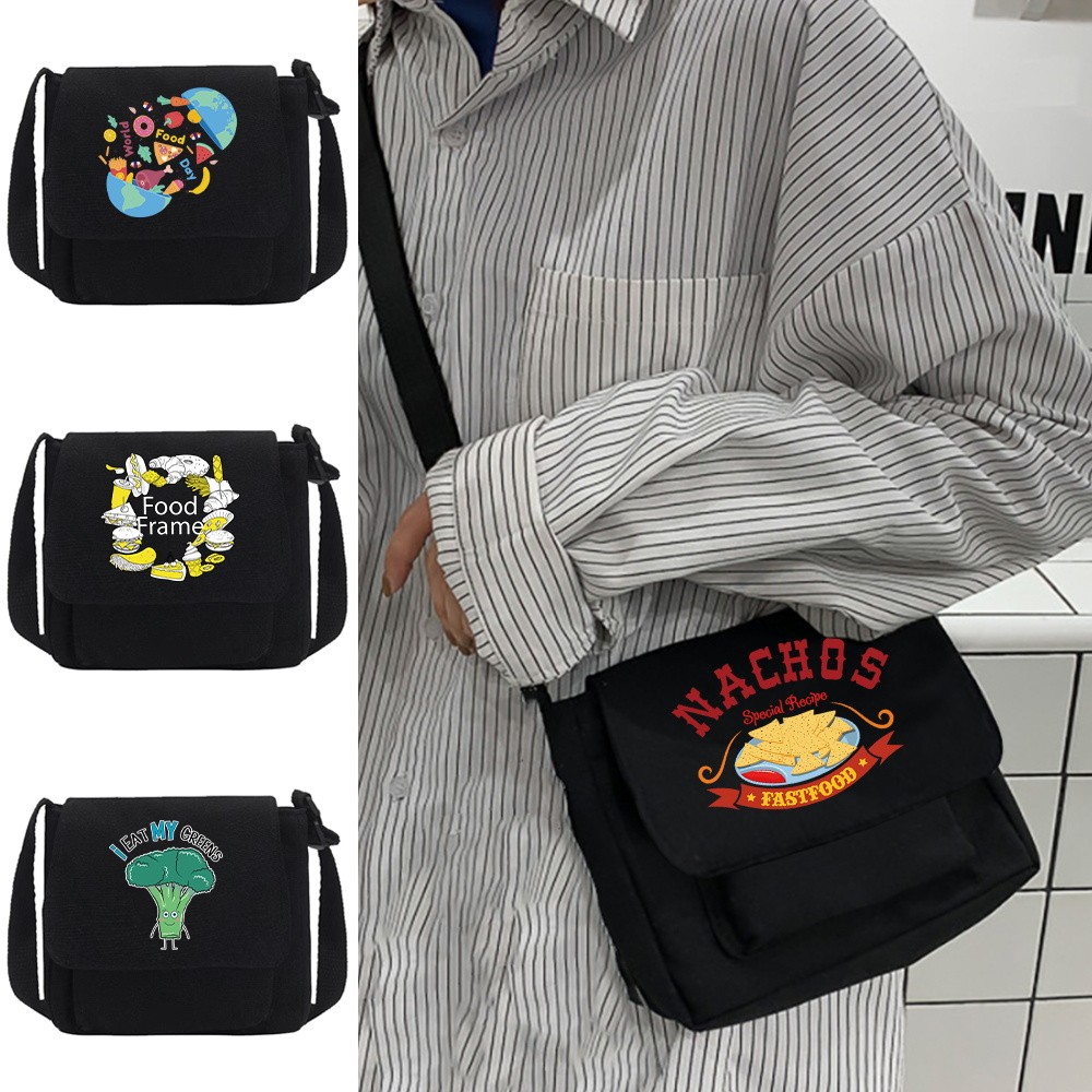 In-stock Korean fashion bag simple style messenger crossbody bag large capacity cotton  Food series 