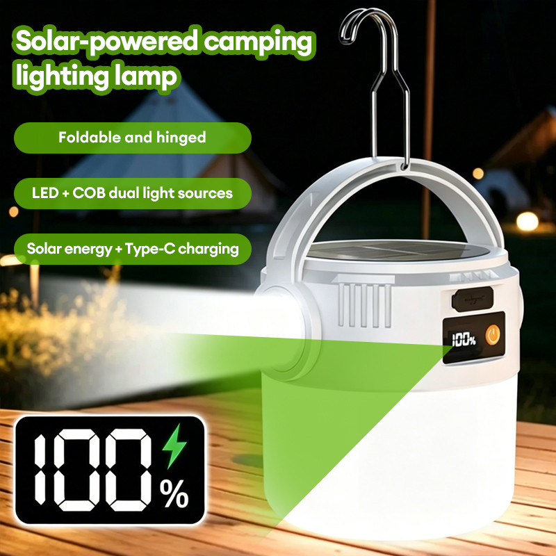Digital Display Solar Camping Lantern LED+COB Rechargeable Outdoor Hanging Light Type-C Emergency wi
