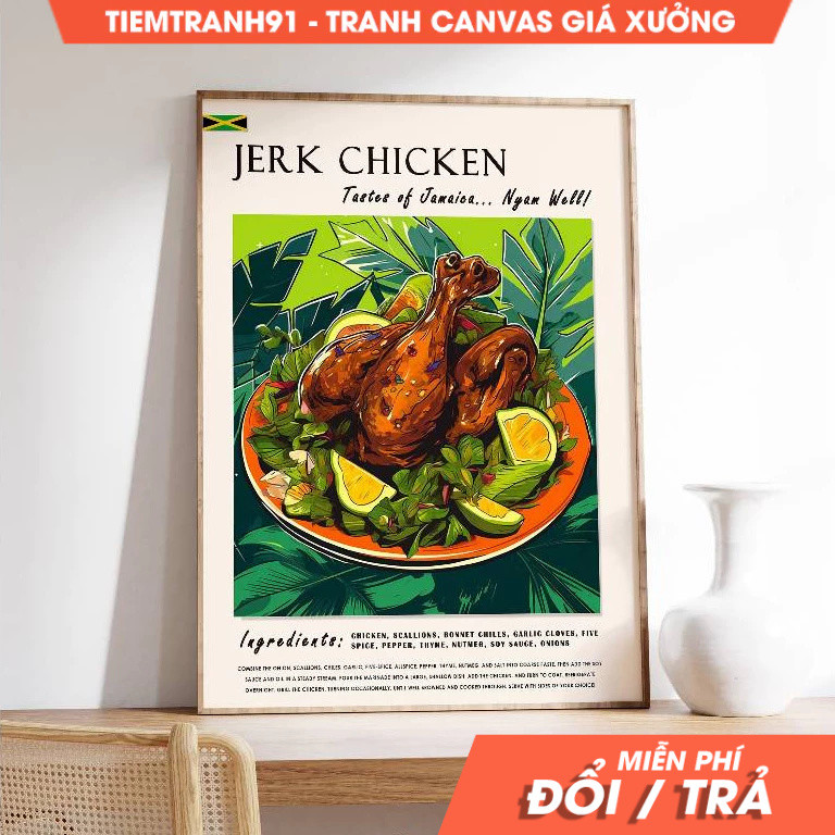 Tranh treo tường, Jamaican Jerk Chicken Food Poster, Jamaican Food Art, Caribbean Food Poster, Kitch