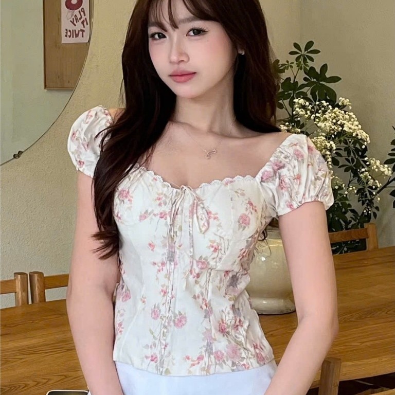Áo Babydoll Nữ Vải Thô Linen Kiểu Tay Phồng Phối Nơ Ngực Tiểu Thư Mùa Hè Kimee Ma380