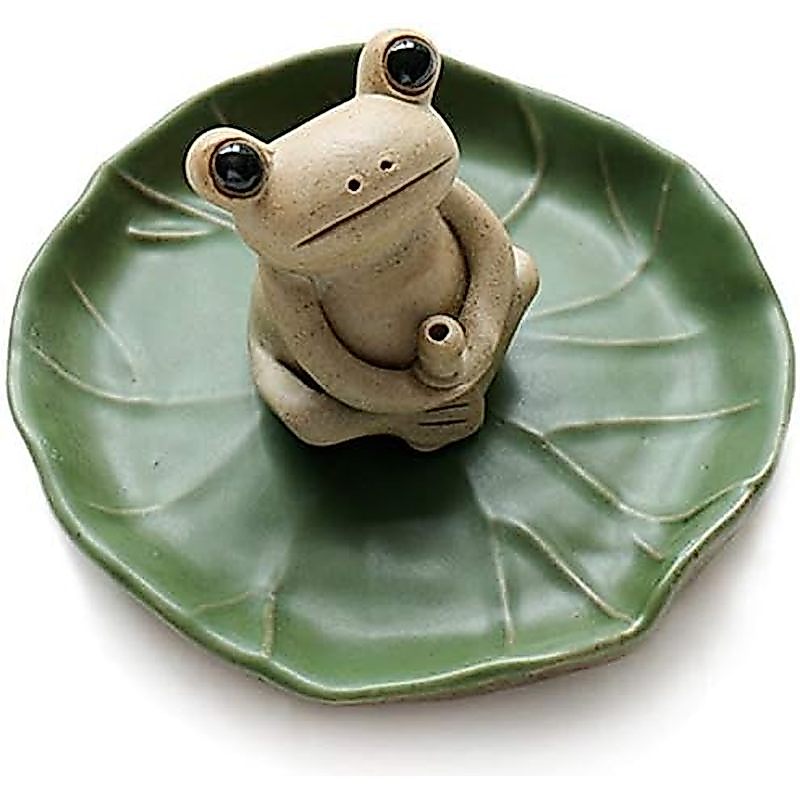 NAGU 100% Handmade Ceramic Stick Incense Burner Holder,Small Frog Incense,Lotus Leaf Tray,Mini Cute 