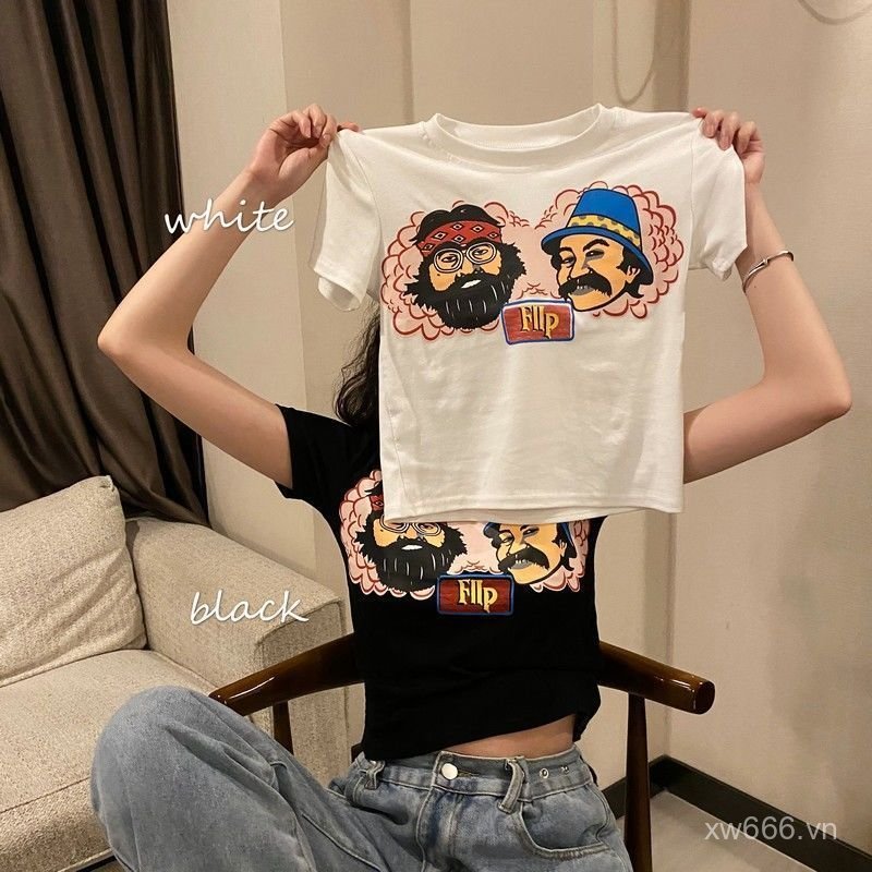 Áo thun phổ biến dành cho nữ tay ngắn ngắn bó sát rốn Crop Sweet Spicy Salt French Niche Design Sens