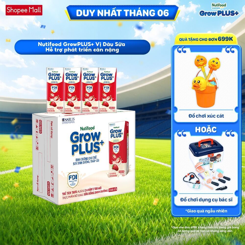 Thùng 24 hộp Sữa bột pha sẵn Nutifood GrowPLUS+ Vị Dâu Sữa hộp 180ml - Trên 1 tuổi (24 hộp x 180ml)
