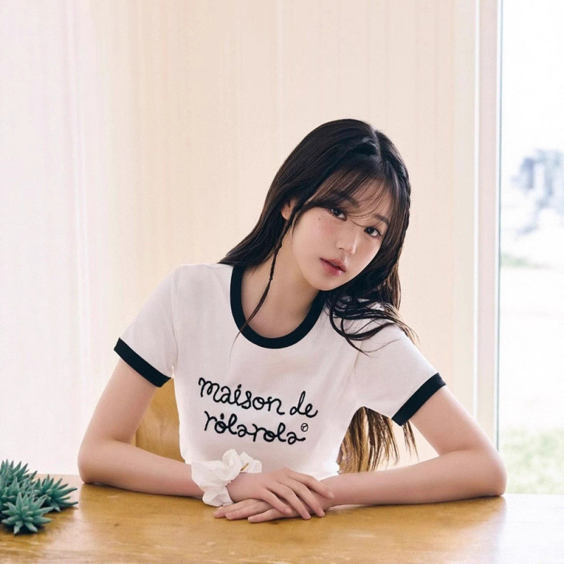 QHS6 Same Style as Zhang Yuanying Rolarola Embroidered letters in contrasting colors T Short Sleeve 