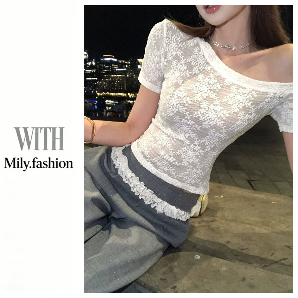 Milyfashion Pure Desire Slanted Vai Ren Áo Thun Tay Ngắn Mùa Hè Phong Cách Mới Niche Sang Trọng Mỏng