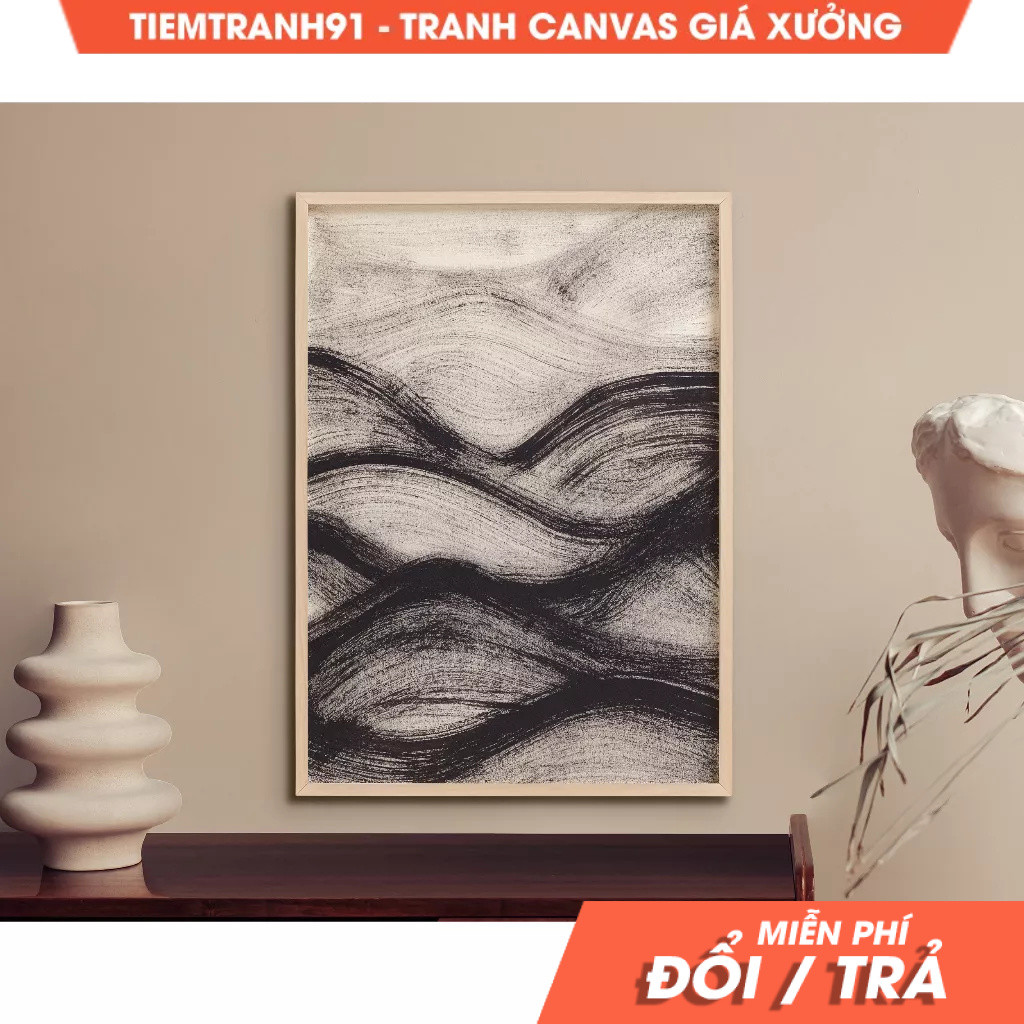 Tranh treo tường, Black White Abstract Waves Wall Art, Mountain Artful Prints, Wallart Artful, tặng 