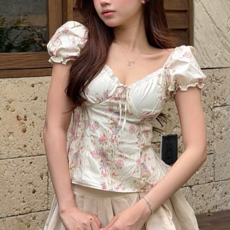 Áo Babydoll Nữ Dáng Cotteque Tiểu Thư Mặc Được 2 Kiểu Chi Tiết Tay Bồng Cổ V Có Chiết Eo LÂM TÚ MA8229