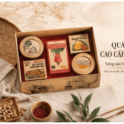Combo Hộp Quà Cao Cấp Nam Xanh, Quà Tặng Nông Sản Việt Nam, Nắp In Cót Tre Độc Đáo, Hộp Giấy Cao Cấp