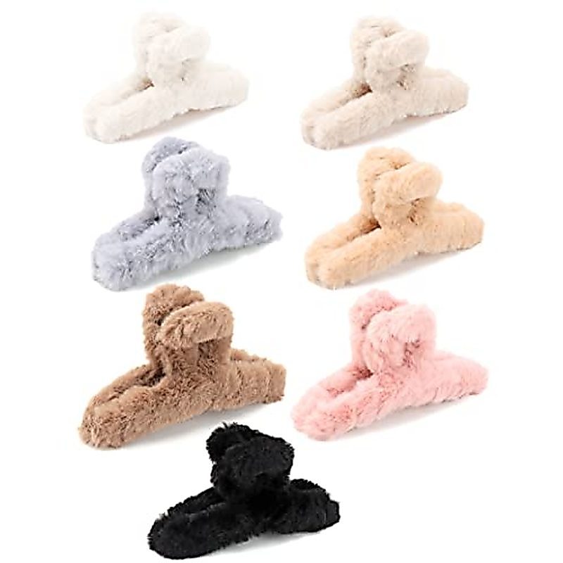 SEVEN LUCKY LIGHT Hair Clip, 7 Pcs 4.5" Fuzzy Claw Clips for Thick Hair, Cute Fuzzy Clip for Women G