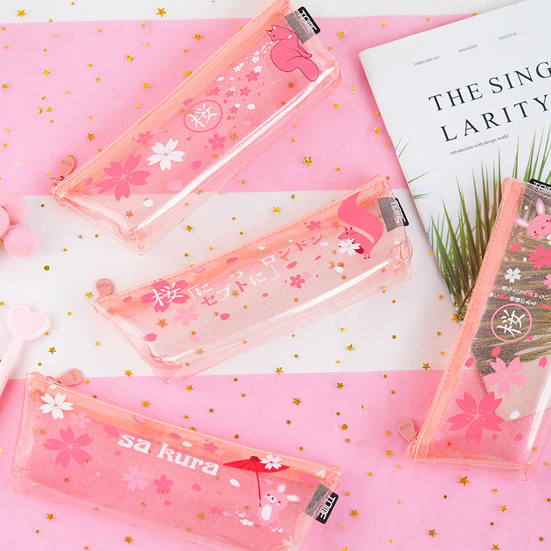 Hộp đựng bút chì học sinh trong suốt hợp thời trang nhỏ tươi đầy màu sắc Tommy Cherry Blossom và Mag