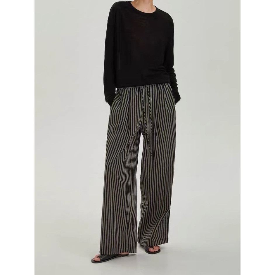 EH23 The Row Minimalist retro relaxed style lace-up wide-leg pants with elastic waist and striped lo