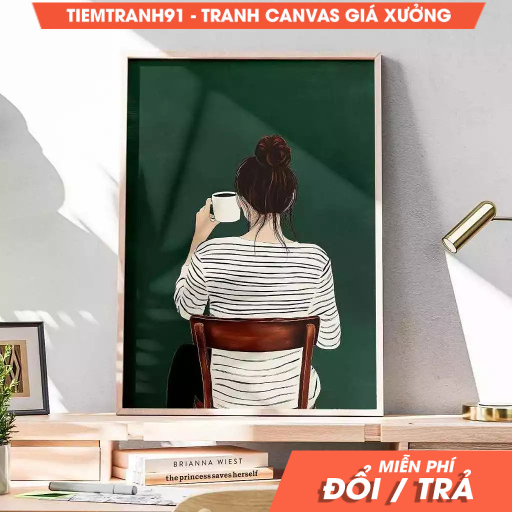 Tranh treo tường, Feminine Coffee Time Poster Stylish Woman With Mug Contemporary Coffee Art Minimal