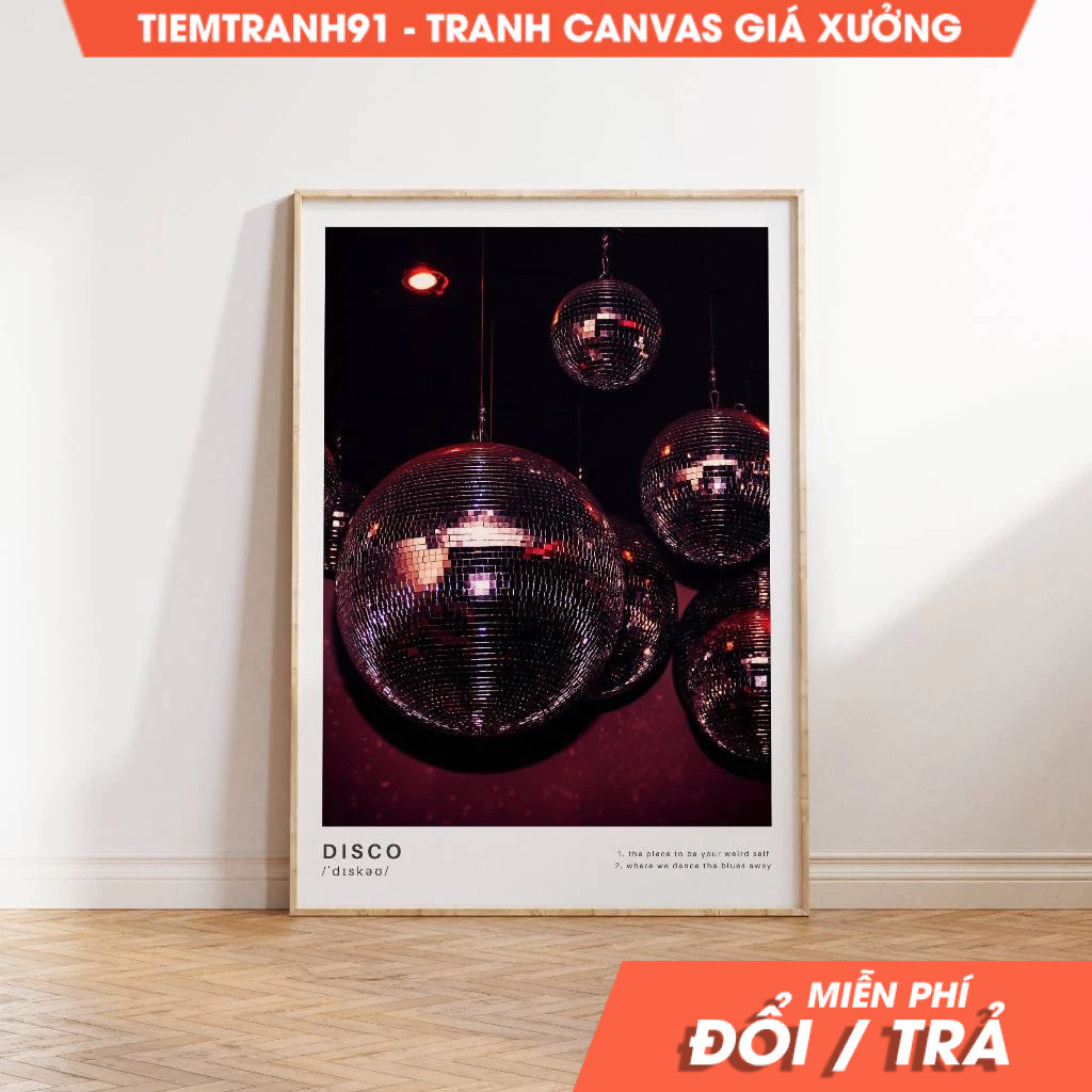 Tranh treo tường, Luxury Disco Ball Wall Art Vintage Disco Definition Dark Red Disco Ball Poster Fes