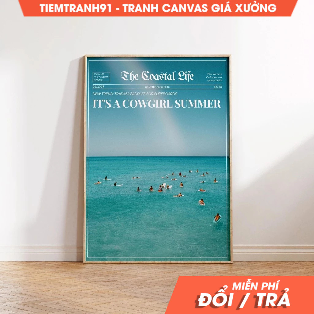 Tranh treo tường, Coastal Cowgirl Wall Art Magazine Cover Print Trendy Newspaper Poster Preppy Surf 