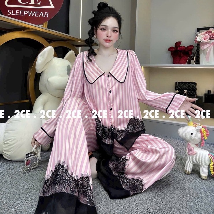 Bộ pyjama tay dài kiểu tiểu thư phối ren sang chảnh (hàng thiết kế 2CE)