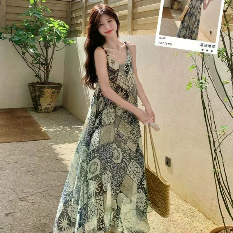 Pháp Bohemian Suspender Dress Nữ Mùa Hè Mới Dài Tay In Hình Mới