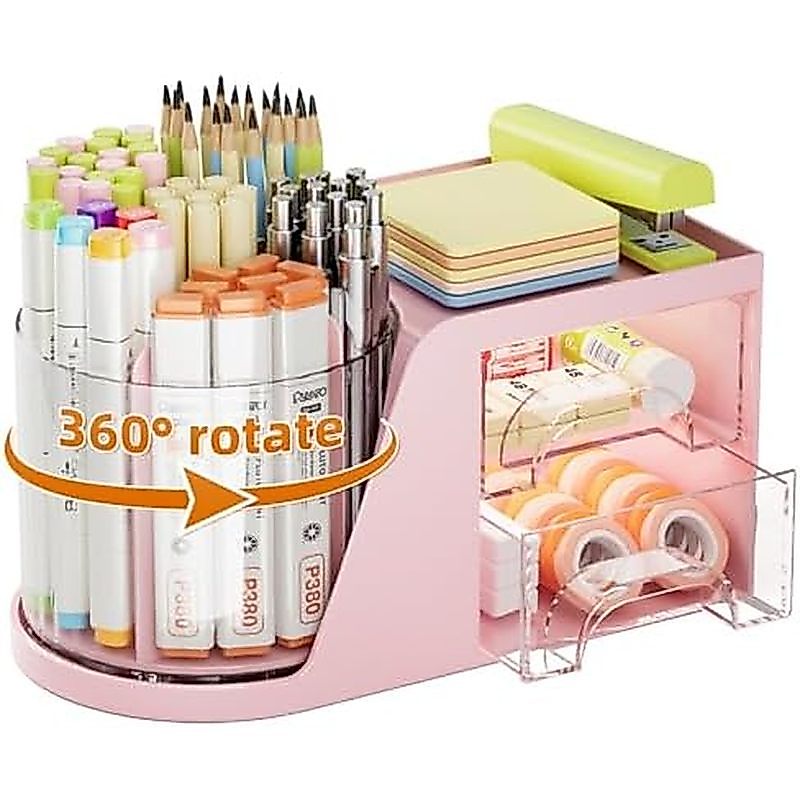se Desk Organizer with 2 Drawer, 360°Rotating Pen Holder, Desk Organizers and Accessories with 6 Slo