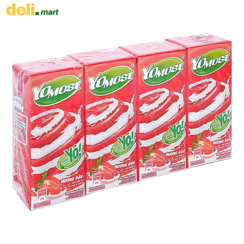 Lốc 4 hộp Sữa chua uống Yomost hương dâu hộp 170ml
