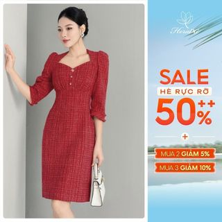 Đầm HeraDG thiết kế dáng chữ A tay lỡ đánh tua trẻ trung thanh lịch, chất dạ tweed cao cấp WDCBC3028